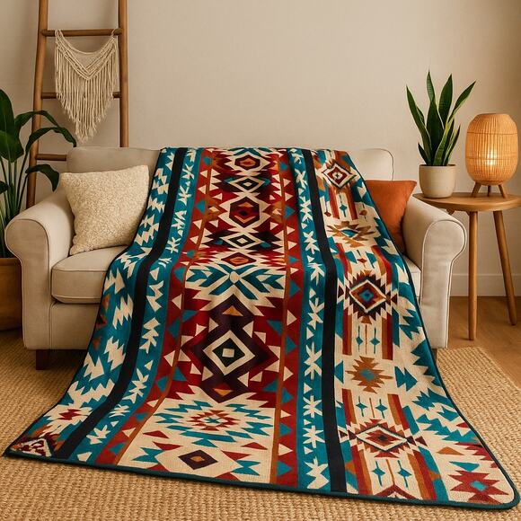 Southwestern Aztec Reversible Blanket Throw Boho Tribal Geometric Print Cozy - Picture 1 of 6